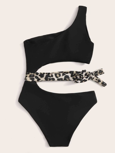 Leopard Cut-out One Shoulder One Piece Swimsuit