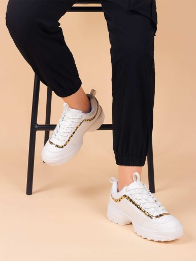 Leopard Panel Lace-up Front Chunky Sneakers