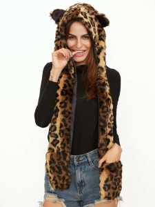 Leopard Pattern Hood Hat With Pockets