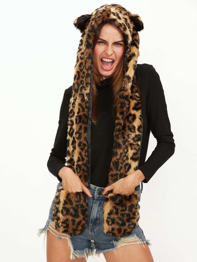 Leopard Pattern Hood Hat With Pockets