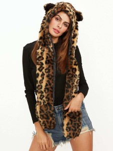 Leopard Pattern Hood Hat With Pockets