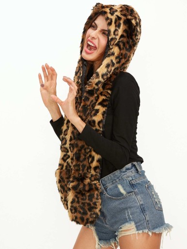 Leopard Pattern Hood Hat With Pockets