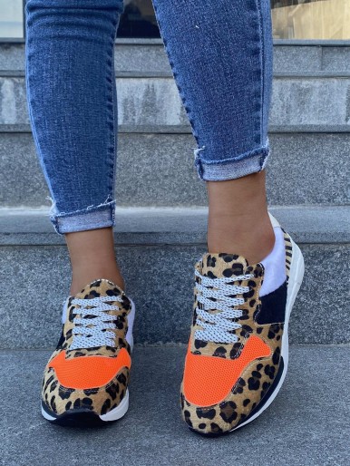 Leopard Pattern Mesh Panel Sneakers
