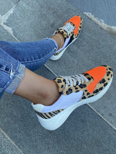 Leopard Pattern Mesh Panel Sneakers