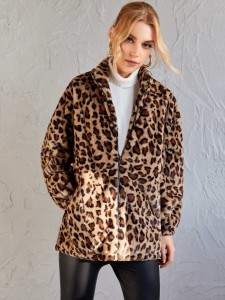 Leopard Print Zipper Up Fuzzy Coat