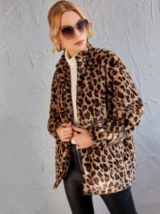 Leopard Print Zipper Up Fuzzy Coat