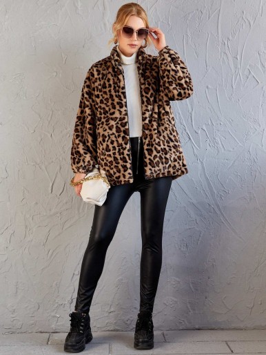 Leopard Print Zipper Up Fuzzy Coat