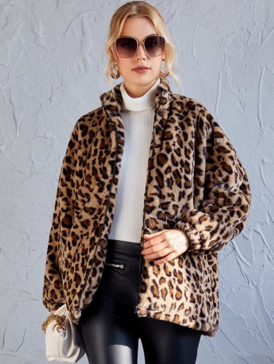 Leopard Print Zipper Up Fuzzy Coat