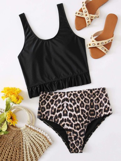 Leopard Ruffle Hem Bikini Swimsuit