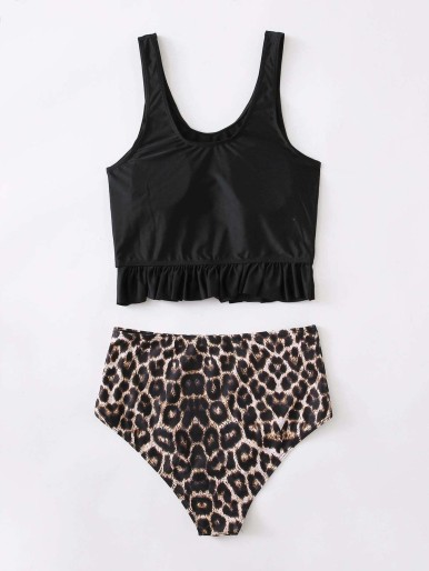 Leopard Ruffle Hem Bikini Swimsuit