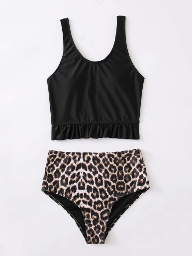 Leopard Ruffle Hem Bikini Swimsuit