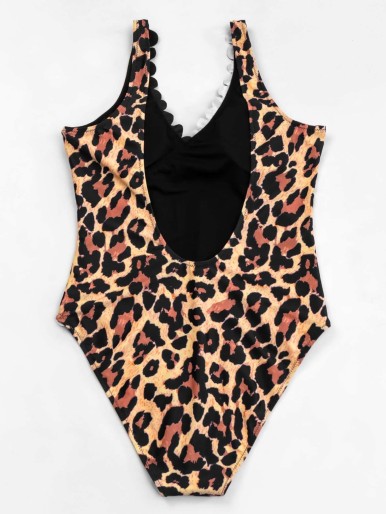 Leopard Scallop Trim One Piece Swimsuit