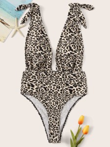 Leopard Tie Shoulder Plunging One Piece Swimsuit