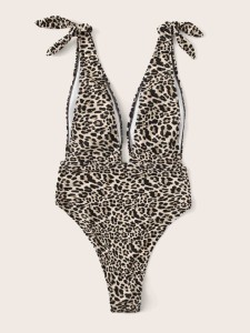 Leopard Tie Shoulder Plunging One Piece Swimsuit