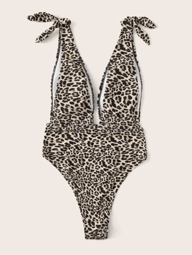 Leopard Tie Shoulder Plunging One Piece Swimsuit