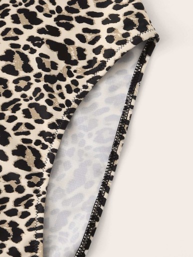 Leopard Tie Shoulder Plunging One Piece Swimsuit