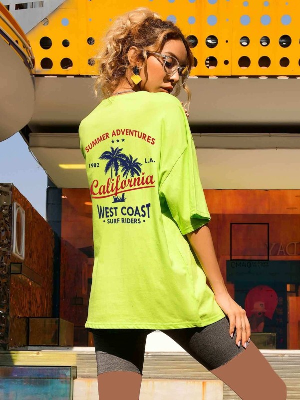 Letter And Tropical Print Oversized Tee