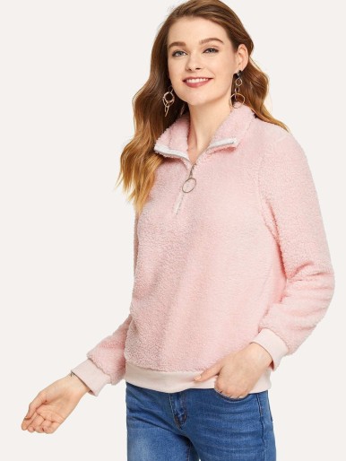 Quarter Zip Solid Teddy Sweatshirt