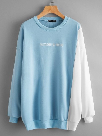 Letter Embroidery Color Block Sweatshirt