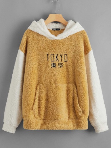 Letter Embroidery Drop Shoulder Colorblock Teddy Hoodie