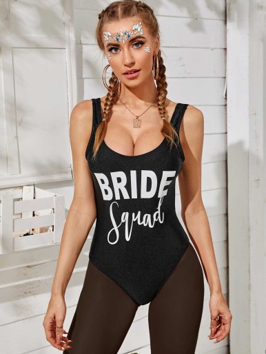 Letter Graphic Backless One Piece Swimwear