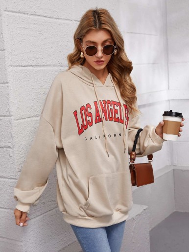 Letter Graphic Kangaroo Pocket Drawstring Oversized Hoodie