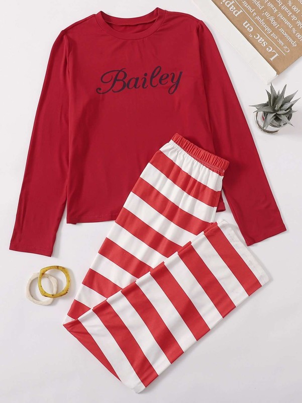 Letter Graphic Tee With Striped Pants Pajama Set