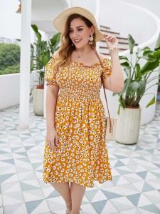 Mustard Yellow Floral Ruffle Boho Plus Size Dress