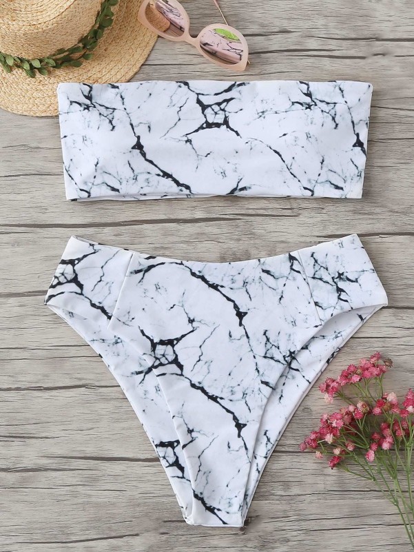 Marble Pattern Bandeau High Waisted Bikini Swimsuit