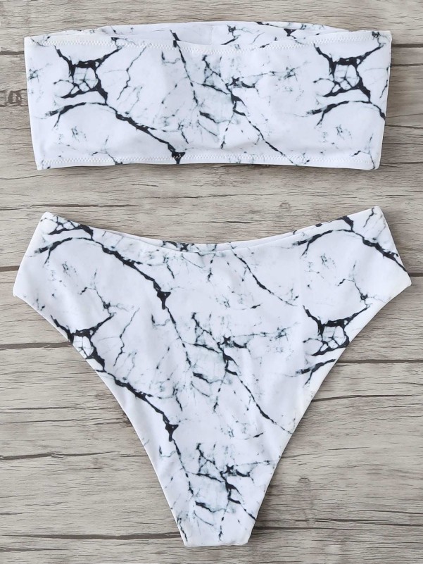 Marble Pattern Bandeau High Waisted Bikini Swimsuit