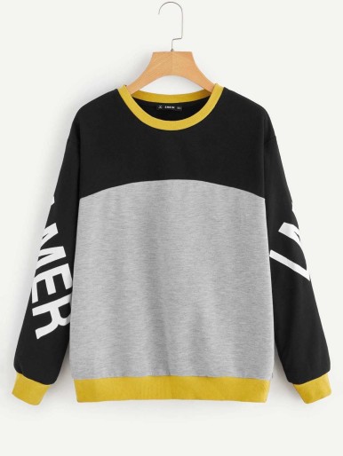 Letter Print Sleeve Color Block Sweatshirt