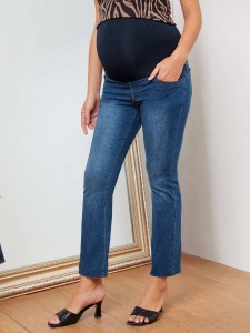 Maternity Contrast Wide Waistband Raw Hem Flare Jeans