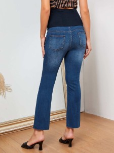 Maternity Contrast Wide Waistband Raw Hem Flare Jeans