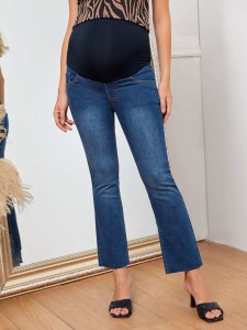 Maternity Contrast Wide Waistband Raw Hem Flare Jeans