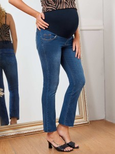 Maternity Contrast Wide Waistband Raw Hem Flare Jeans