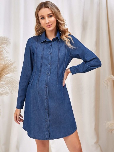 Maternity Dark Wash Button Front Denim Dress