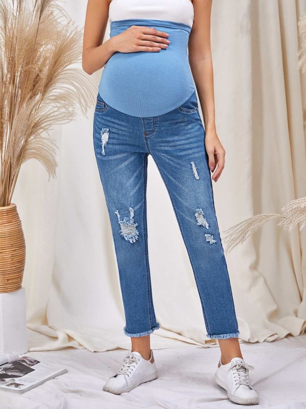 Maternity Ripped Washed High Waist Jeans