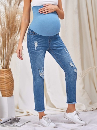 Maternity Ripped Washed High Waist Jeans