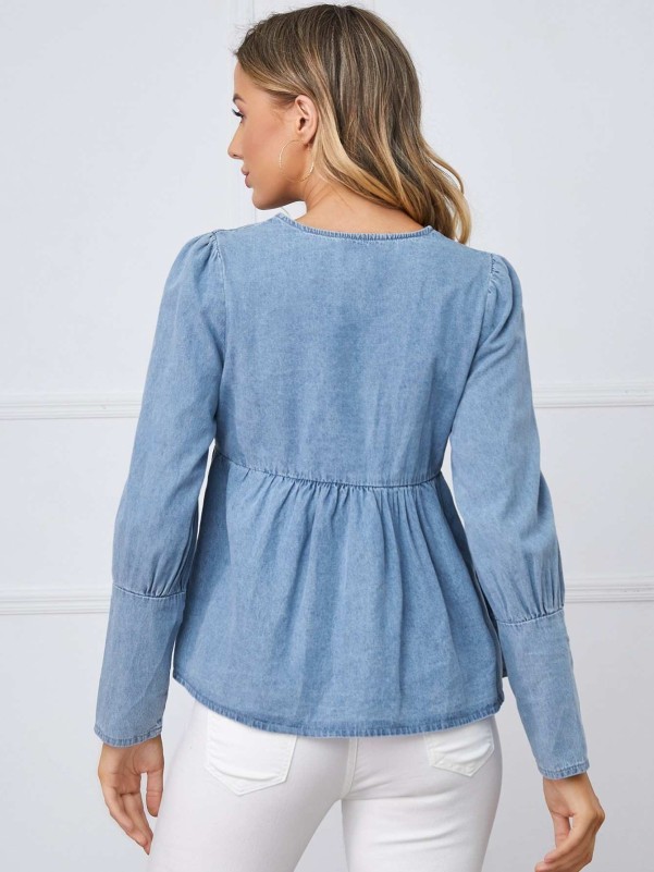 Maternity Surplice Neck Peplum Denim Top