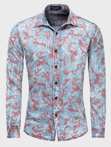 Men All Over Print Button Front Denim Shirt