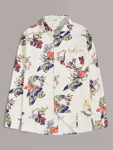 Men Button Up Tropical Print Shirt