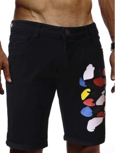 Men Colorful Graphic Rolled Hem Denim Shorts