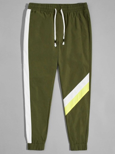 Men Contrast Sideseam Drawstring Tapered Pants