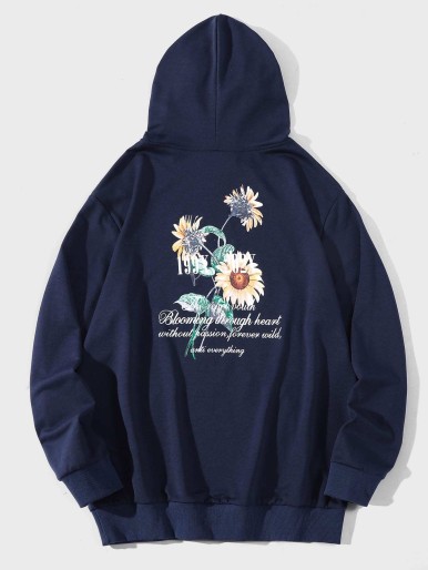 Men Floral & Slogan Graphic Hoodie