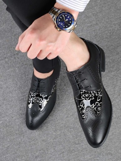 Men Flower Print Perforated Dress Shoes