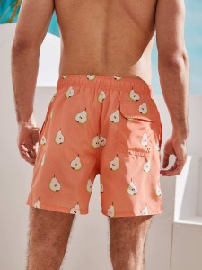 Men Fruit Print Drawstring Waist Swim Trunks