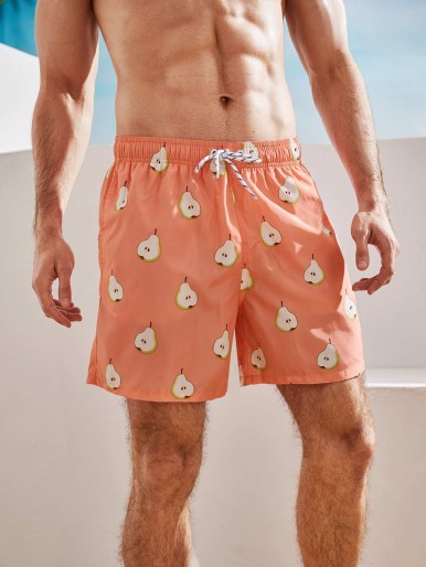 Men Fruit Print Drawstring Waist Swim Trunks