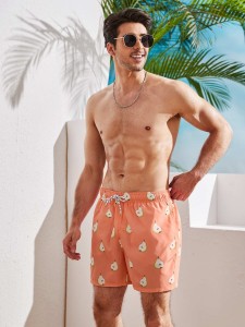 Men Fruit Print Drawstring Waist Swim Trunks