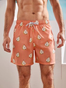 Men Fruit Print Drawstring Waist Swim Trunks