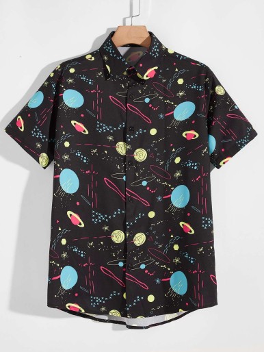 Men Galaxy Print Button Up Shirt